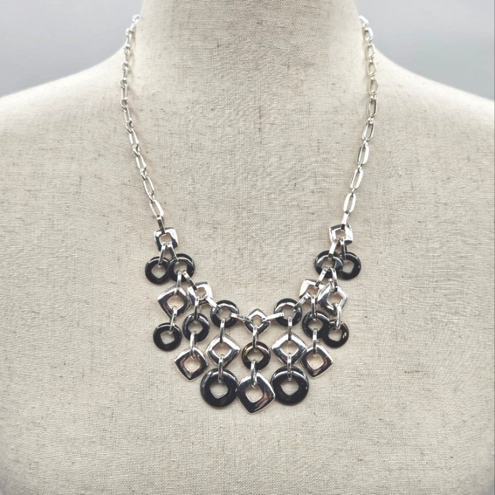 Liz Claiborne Silver Tone Black Geometric Bib Statement Necklace‎ Link Chain